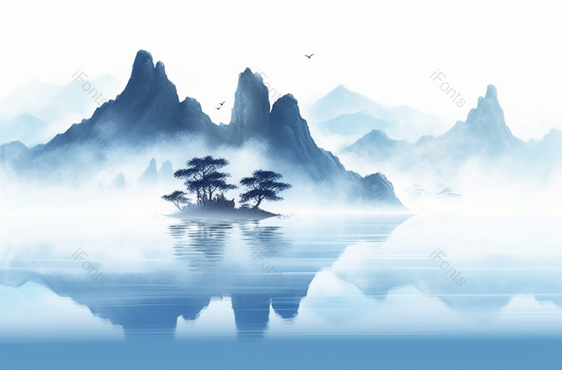 水中生长的几棵树中国风蓝色水墨山水画背景,插画/手绘图,插画/手绘图库,插画/手绘图下载,插画/手绘